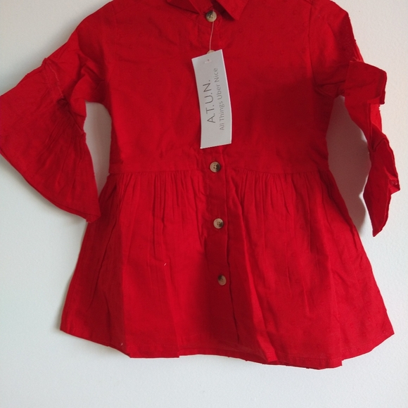 Red Swiss Dot Ruffle-Sleeve Shirt Dress - - Picture 4 of 9